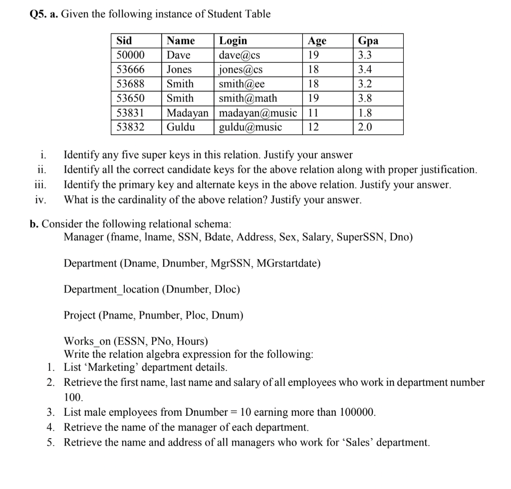 Solved Q5. a. Given the following instance of Student Table | Chegg.com