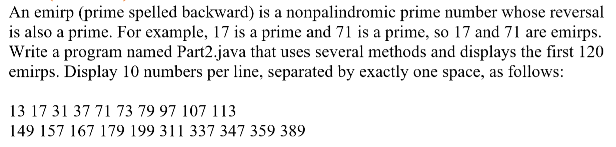 Solved An emirp (prime spelled backward) is a nonpalindromic | Chegg.com