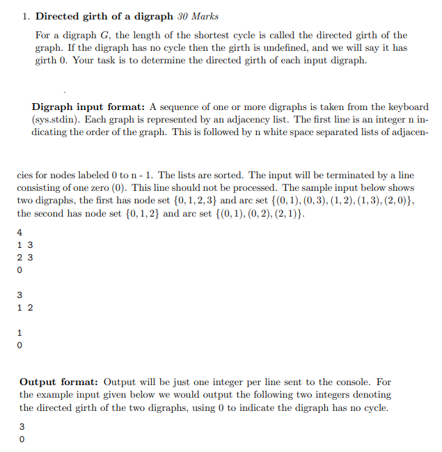 1. Directed girth of a digraph 30 Marks For a digraph | Chegg.com