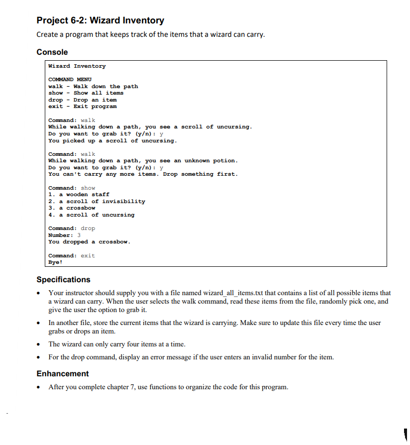 Solved Project 6-2: Wizard Inventory Create a program that | Chegg.com