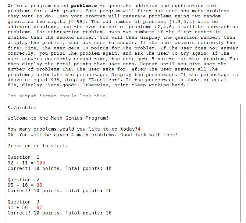 Problem C Solved Write a program named problem.c to generate addition | Chegg.com