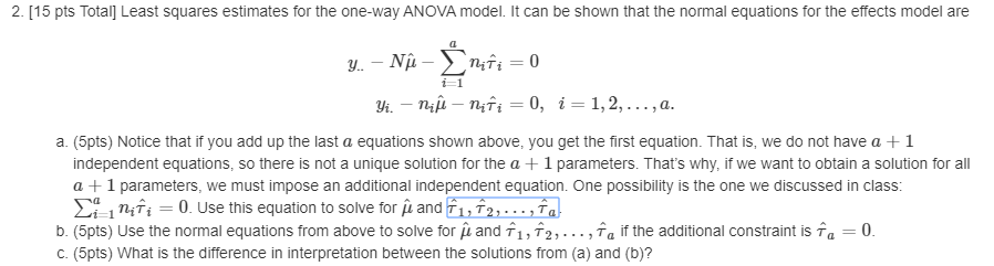 Solved 2. (15 pts Total] Least squares estimates for the | Chegg.com