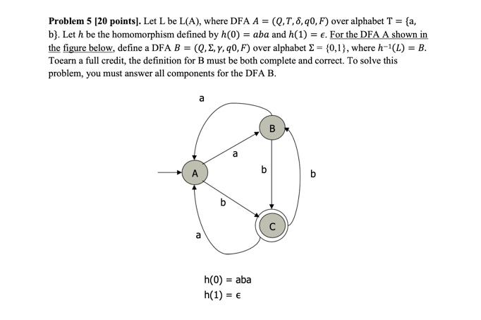 Solved Problem 5 [20 points). Let L be L(A), where DFA A = | Chegg.com