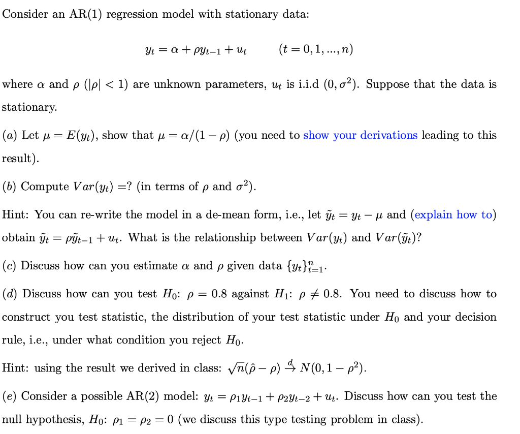 Consider an AR(1) regression model with stationary | Chegg.com
