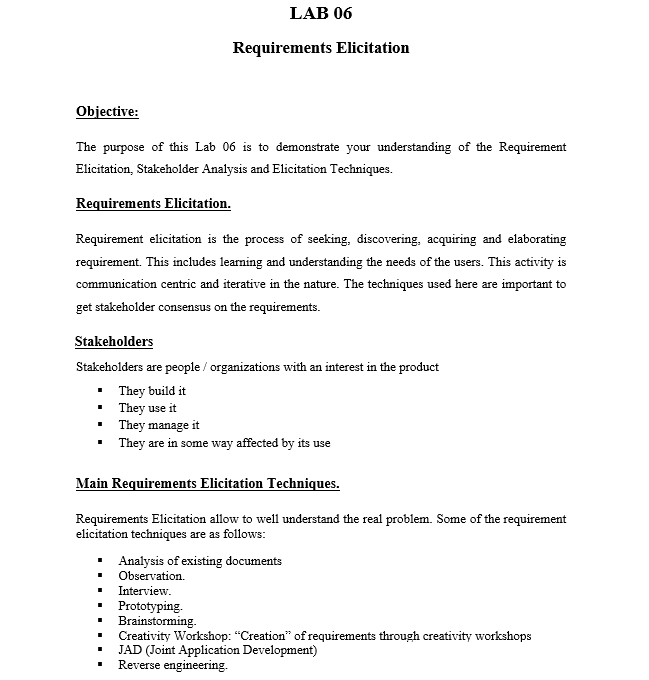 Solved LAB 06 Requirements Elicitation Objective: The | Chegg.com