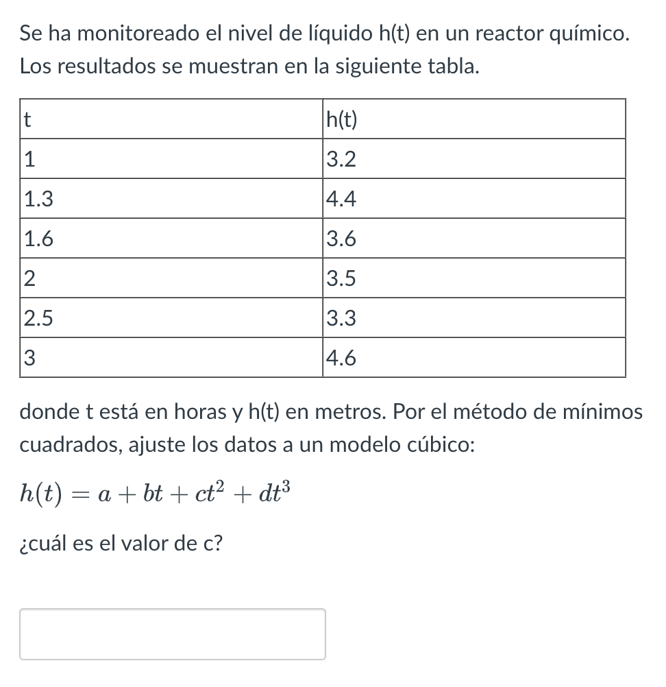 Se ha monitoreado el nivel de líquido h(t) en un reactor químico. Los resultados se muestran en la siguiente tabla. donde \(