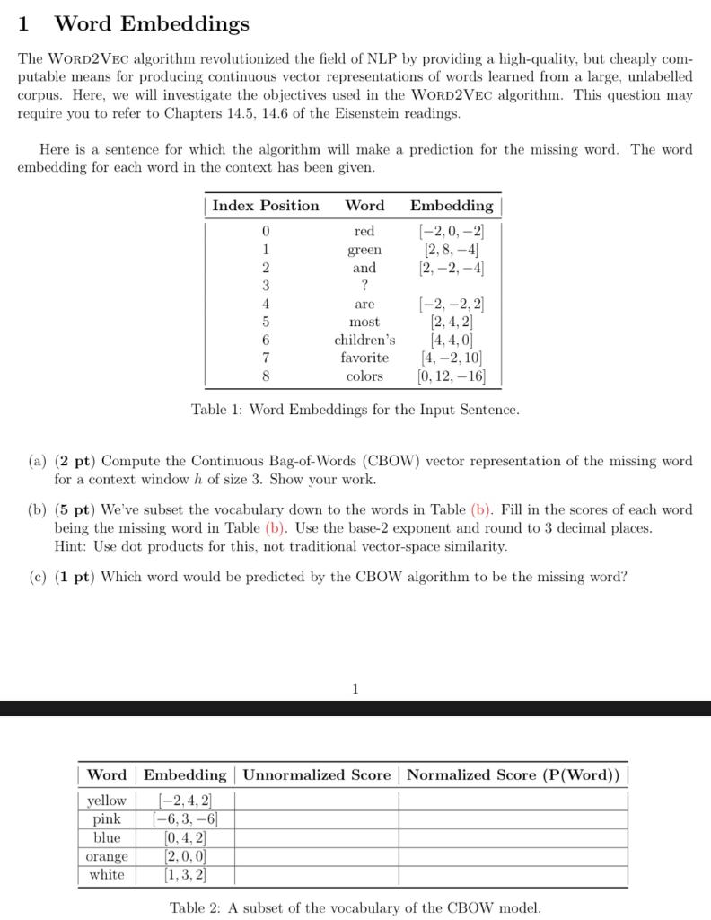 Solved 1 Word Embeddings The WORD2VEC algorithm | Chegg.com