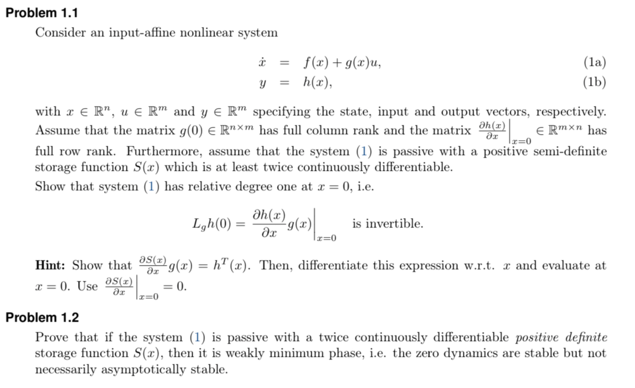 Solved Problem 1.1Consider an input-affine nonlinear | Chegg.com