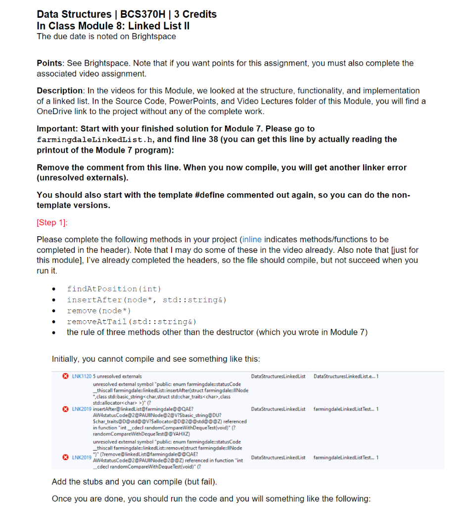 Solved Data Structures | BCS 370H∣3 Credits In Class Module | Chegg.com