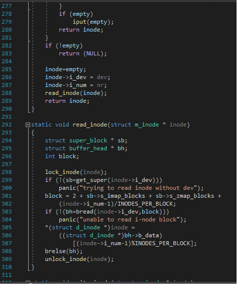 if (empty) iput(empty); return inode; if (!empty) return (NULL); inode=empty; inode->i_dev = dev; inode->i_num = nr; read_ino