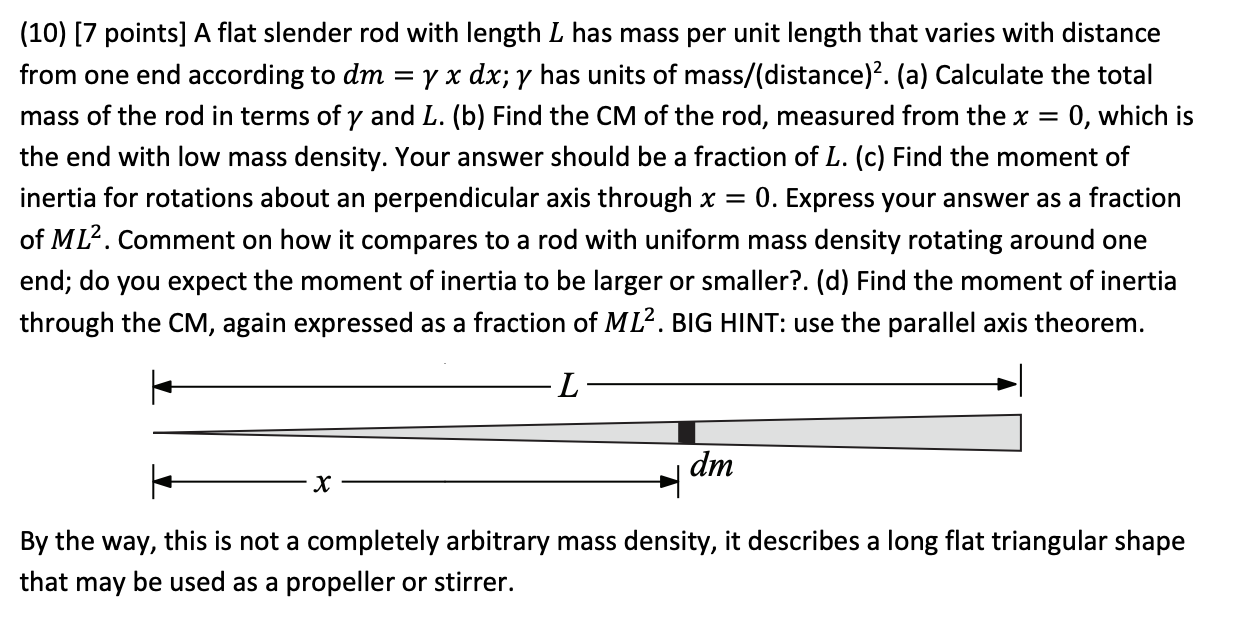Solved A flat slender rod with length L has mass per unit | Chegg.com
