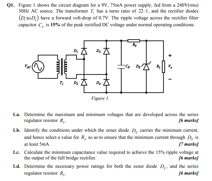 Solved 1. Figure 1 shows the circuit diagram for a 9 V,75 mA | Chegg.com