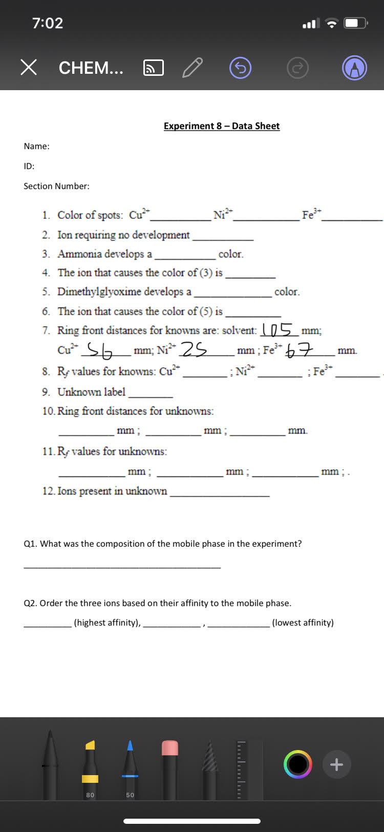 Solved 7:02 ( X CHEM... 5 Experiment 8 - Data Sheet Name: | Chegg.com