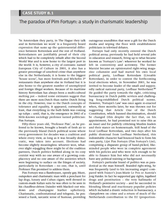 CASE study 8.1 the paradox of pim fortuyn: a study in charismatic leadership in amsterdam they party, in the hague they talk