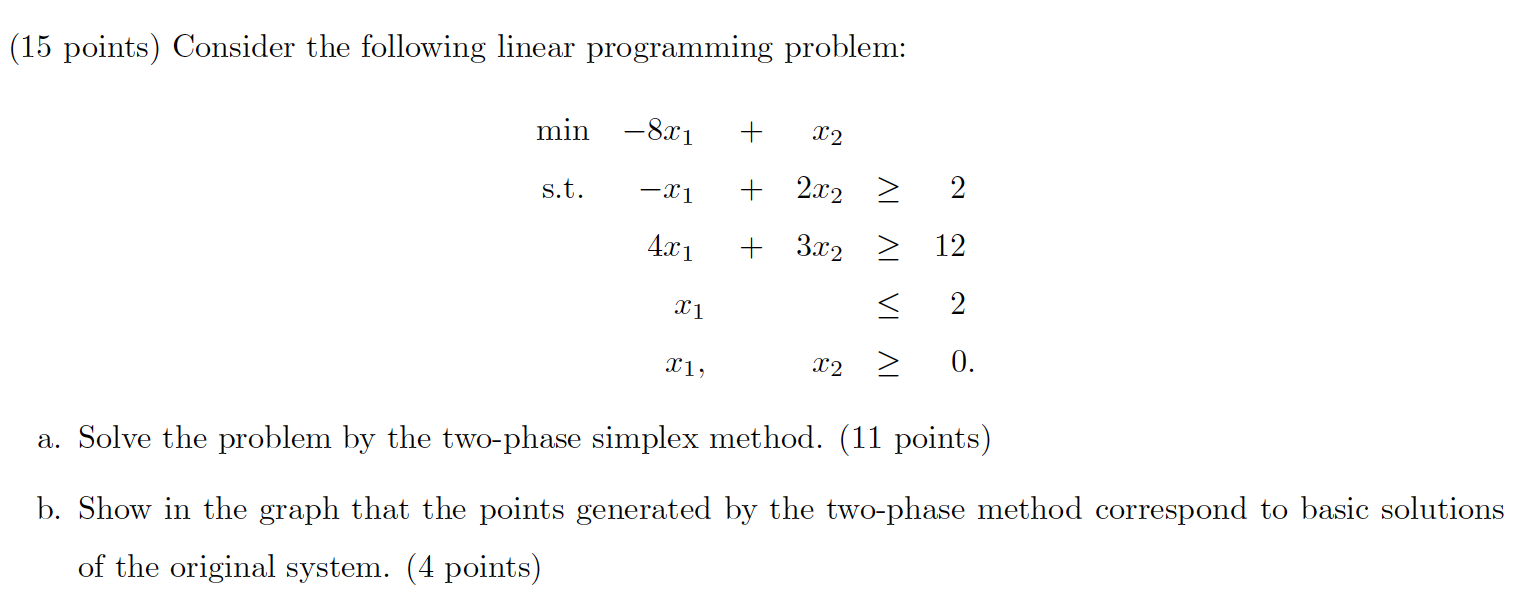 Solved (15 points) Consider the following linear programming | Chegg.com