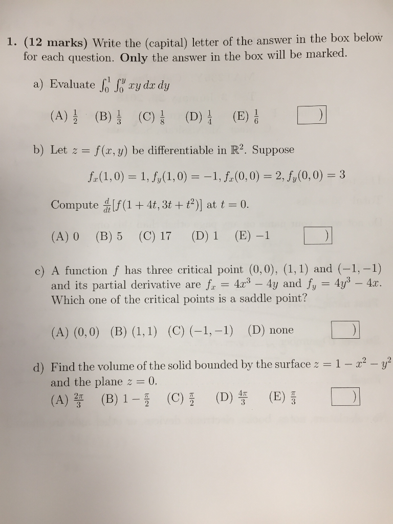 Solved 1. (12 marks) Write the capital) letter of the answer | Chegg.com