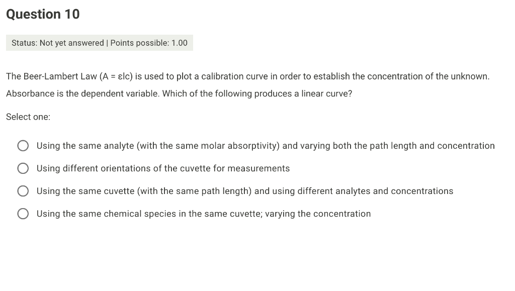 Solved The BeerLambert Law (A=εlc) is used to plot a