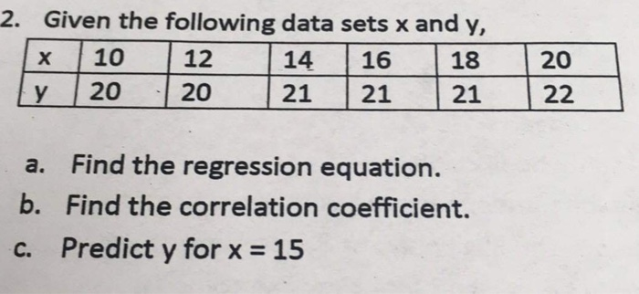 Solved 2. Given the following data sets x and y, x 10 12 y | | Chegg.com