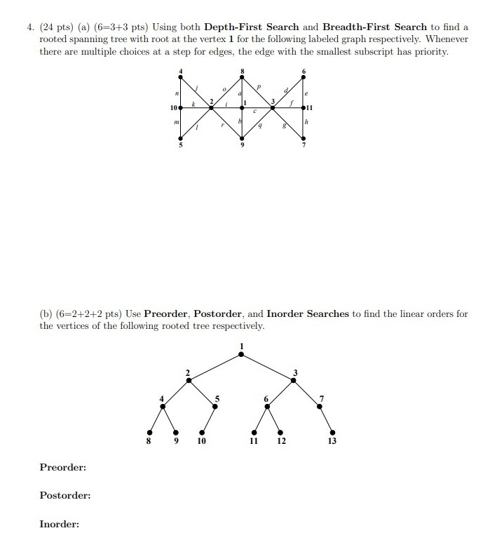 Solved 4. (24 pts) (a) (6=3+3 pts) Using both Depth-First | Chegg.com
