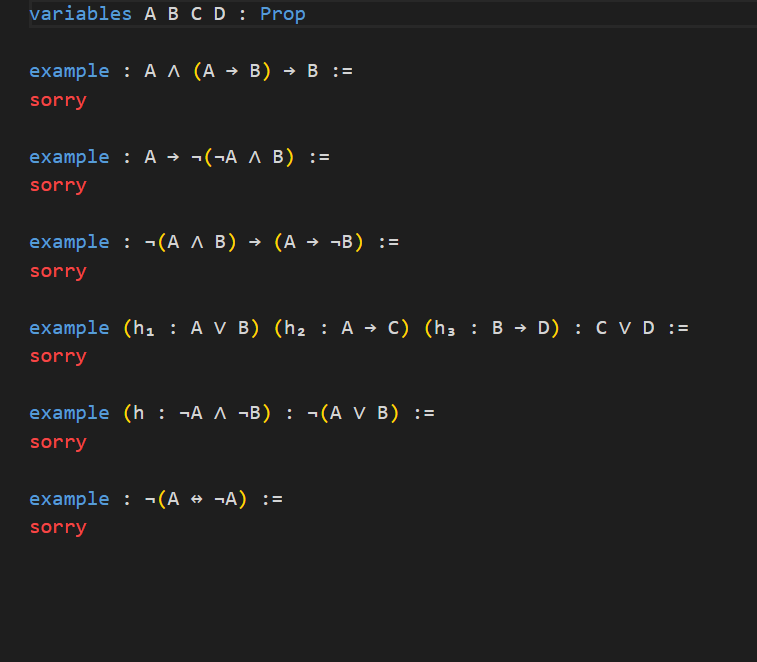 Solved Variables A B C D : Prop Example : A ∧(A→B)→B:= Sorry | Chegg.com