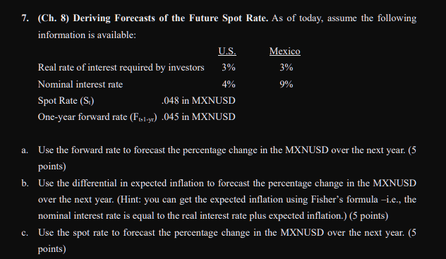 7. (Ch. 8) Deriving Forecasts of the Future Spot | Chegg.com