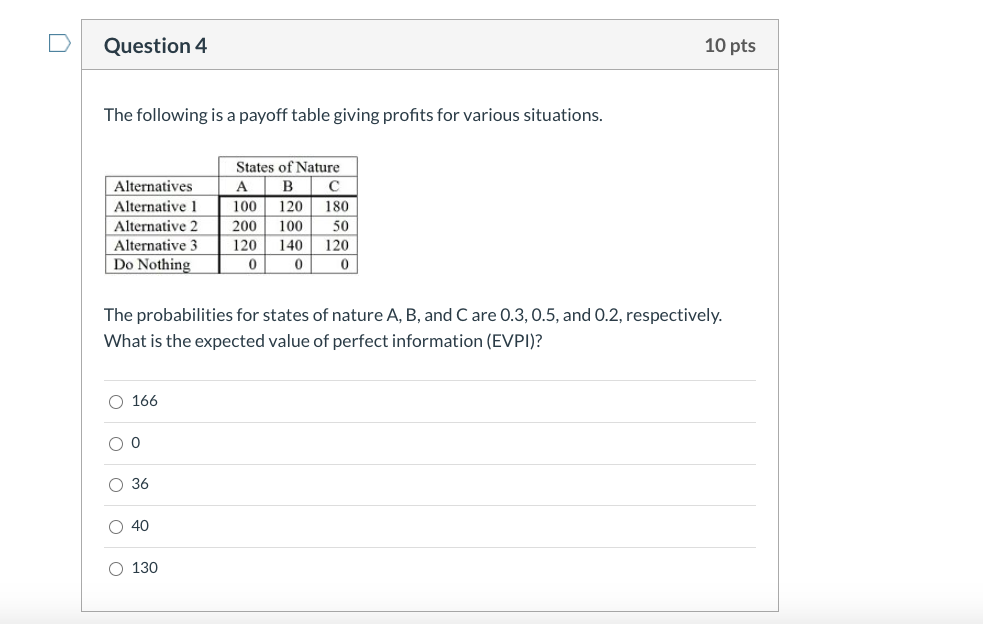 Solved Question 4 10 pts The following is a payoff table | Chegg.com