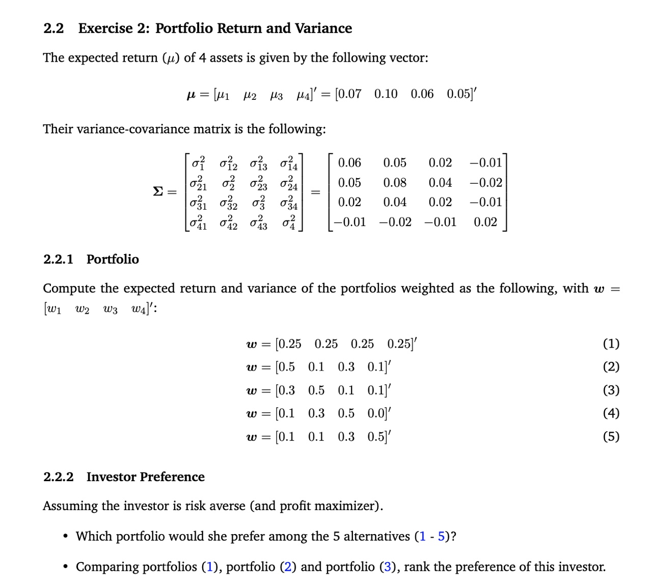 Solved 2.2 Exercise 2: Portfolio Return and Variance The | Chegg.com