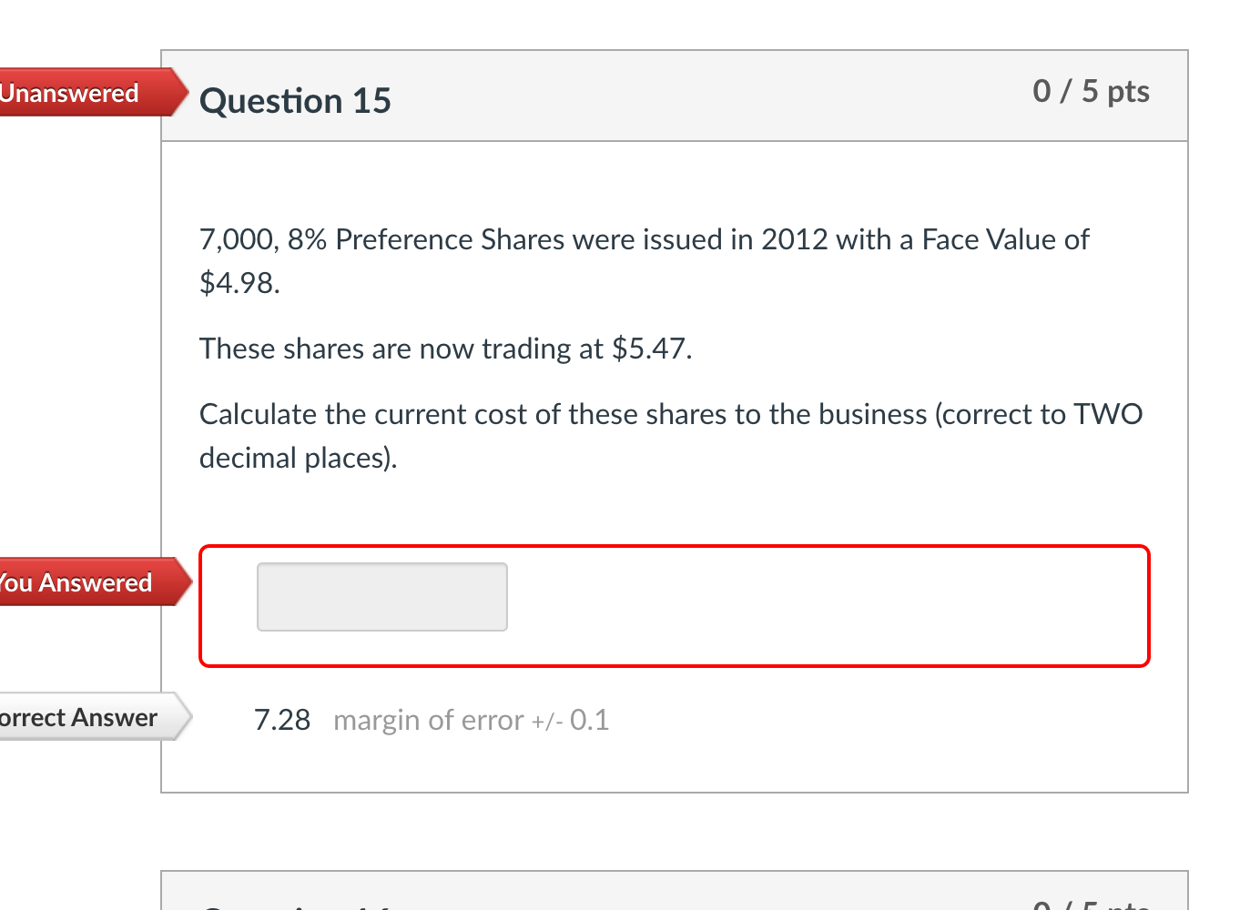 Solved Unanswered Question 15 0/5 pts 7,000, 8% Preference | Chegg.com