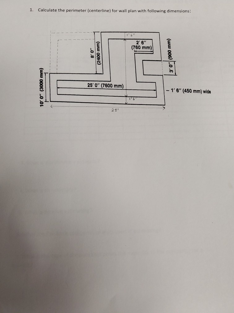 Solved 1. Calculate the perimeter (centerline) for wall plan | Chegg.com