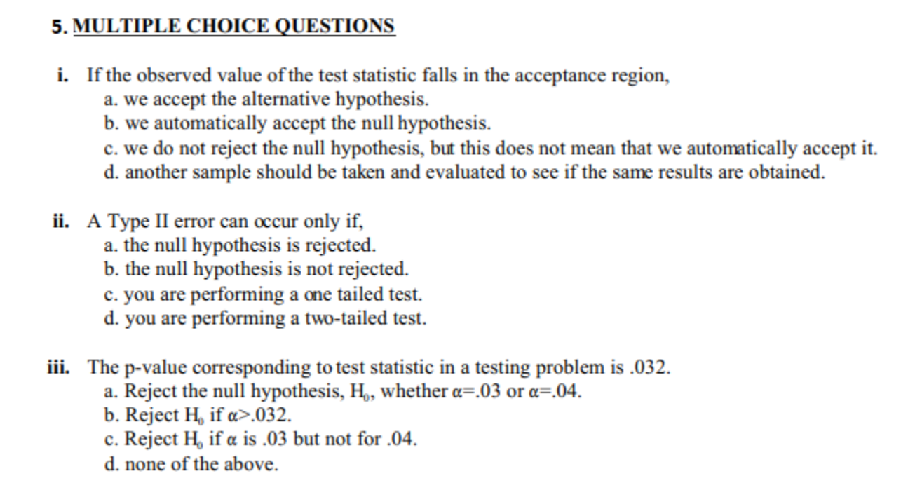 Solved 5. MULTIPLE CHOICE QUESTIONS i. If the observed value | Chegg.com