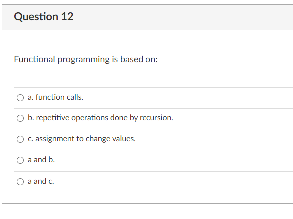 Solved Question 12 Functional programming is based on: a. | Chegg.com