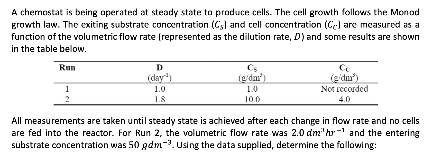 Solved A chemostat is being operated at steady state to | Chegg.com