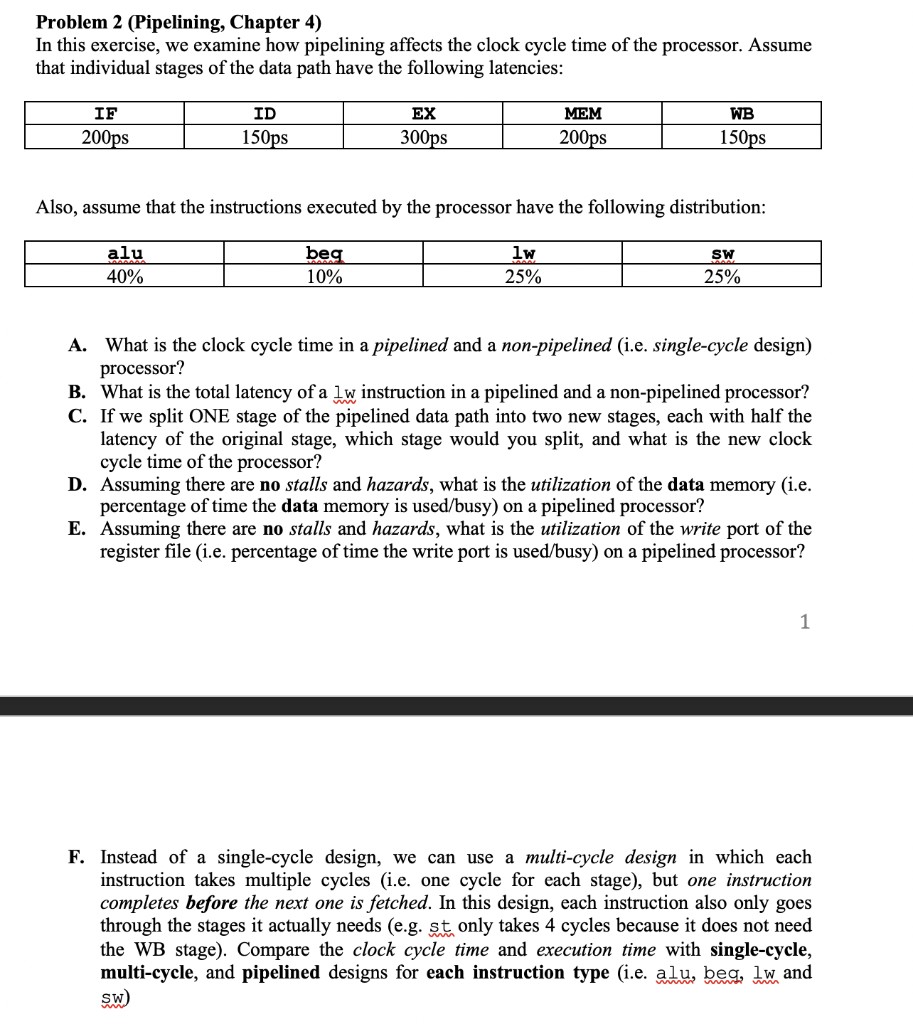 Solved Problem 2 (Pipelining, Chapter 4) In this exercise, | Chegg.com