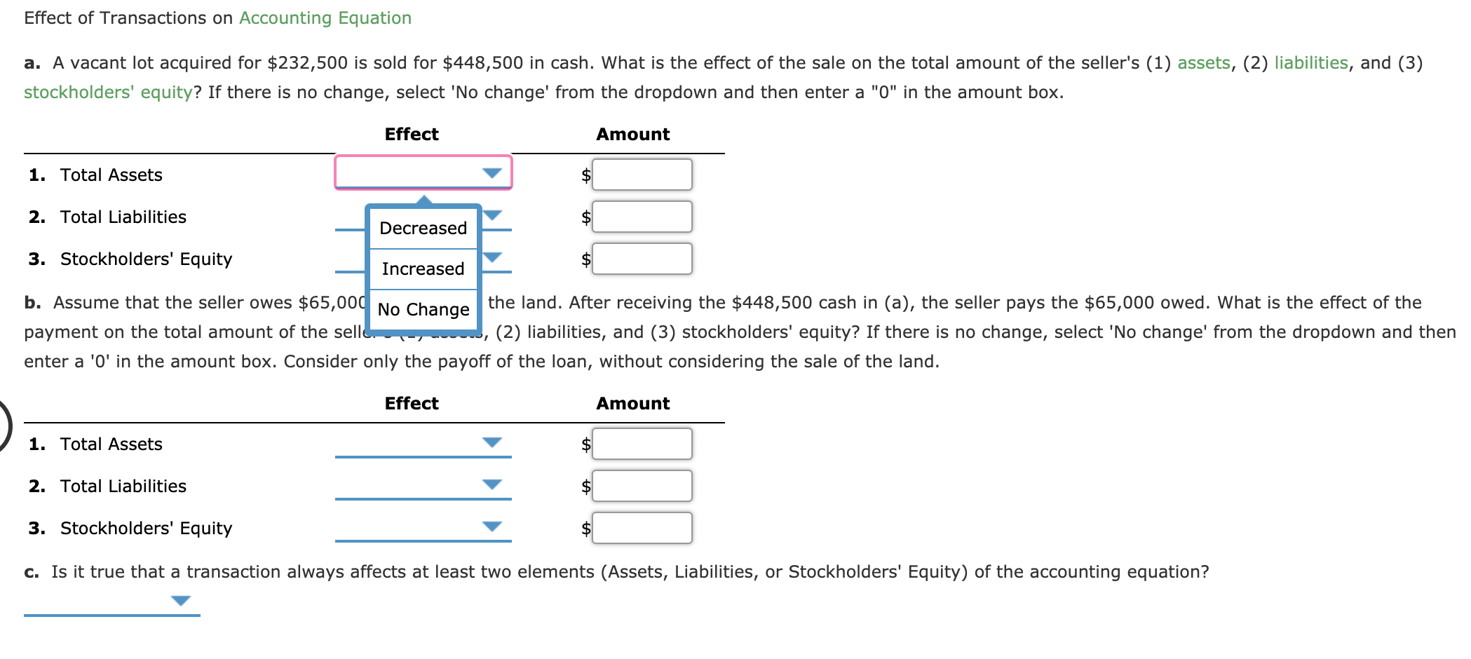 Solved Effect of Transactions on Accounting Equation a. A | Chegg.com