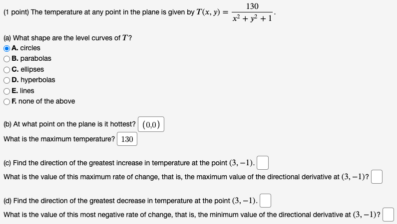 Solved (1 point) The temperature at any point in the plane | Chegg.com