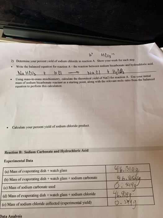 Solved Hc03-, 2) Determine Your Percent Yield Of Sodium 