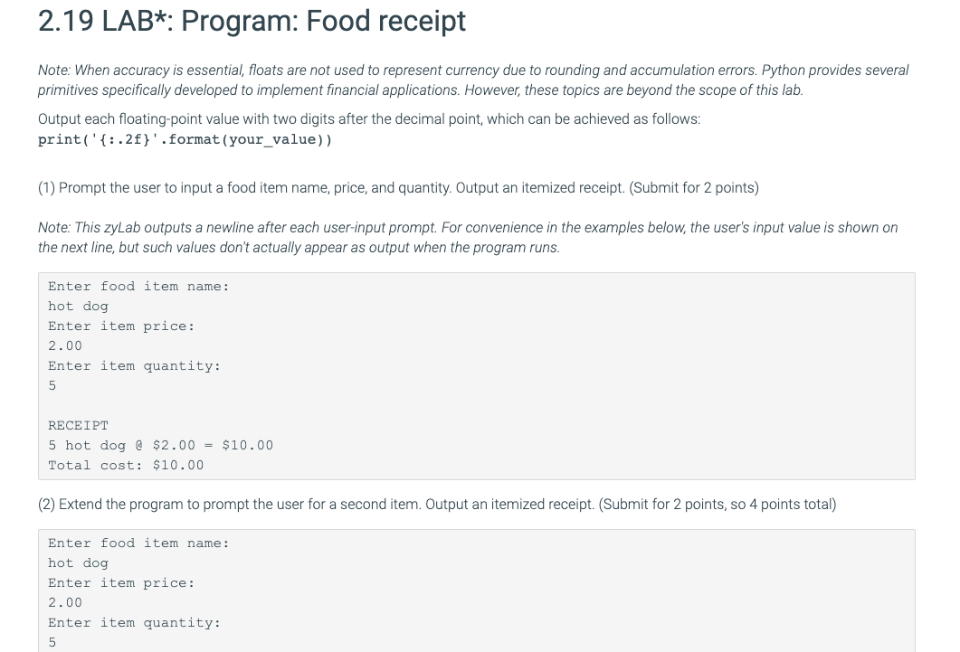 Solved: 2.19 LAB*: Program: Food Receipt Note: When Accura... | Chegg.com