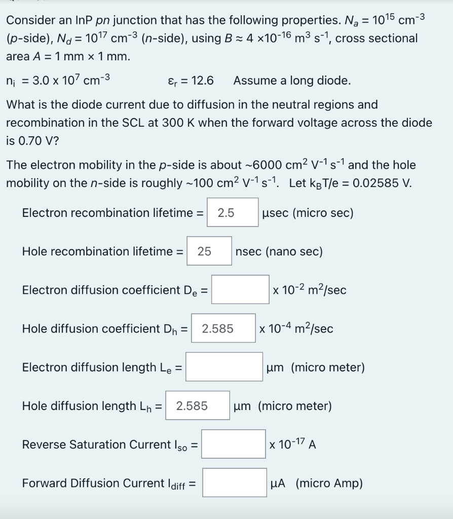 Solved -3 = Consider an InP pn junction that has the | Chegg.com