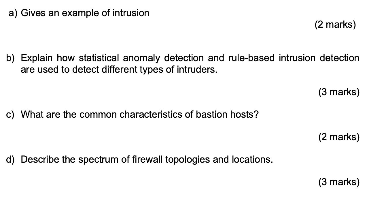 Solved a) Gives an example of intrusion b) Explain how | Chegg.com
