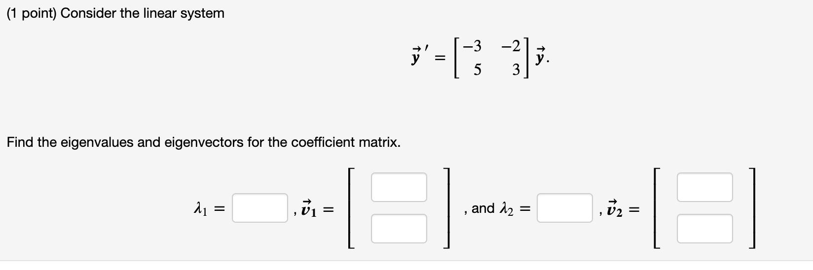 Solved (1 point) Consider the linear system -3 -2 = ý. 5 3 | Chegg.com