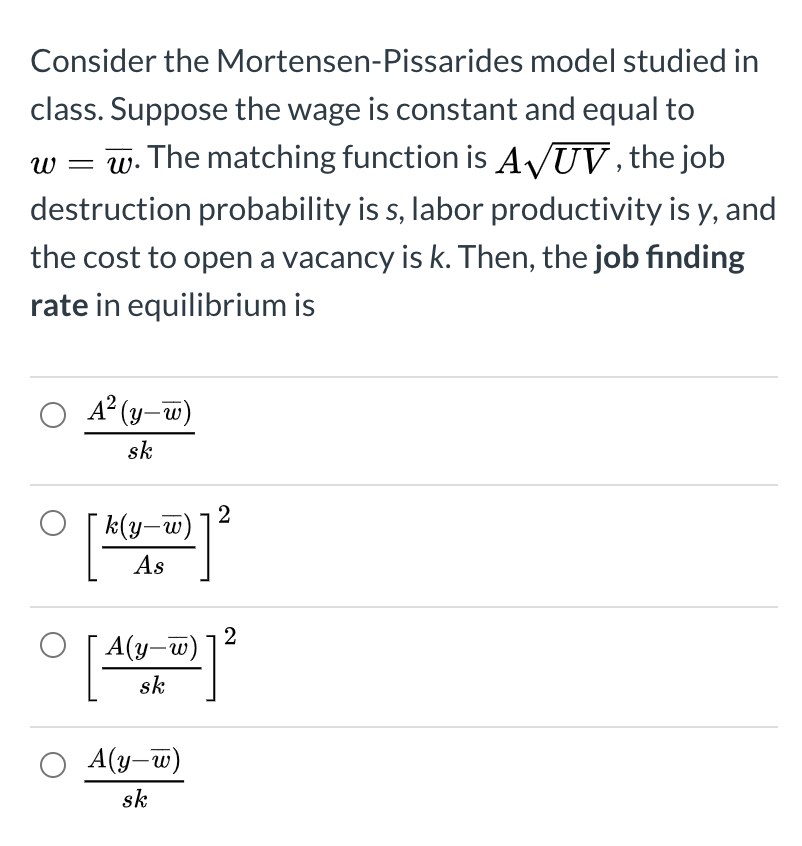 Consider the Mortensen-Pissarides model studied in | Chegg.com