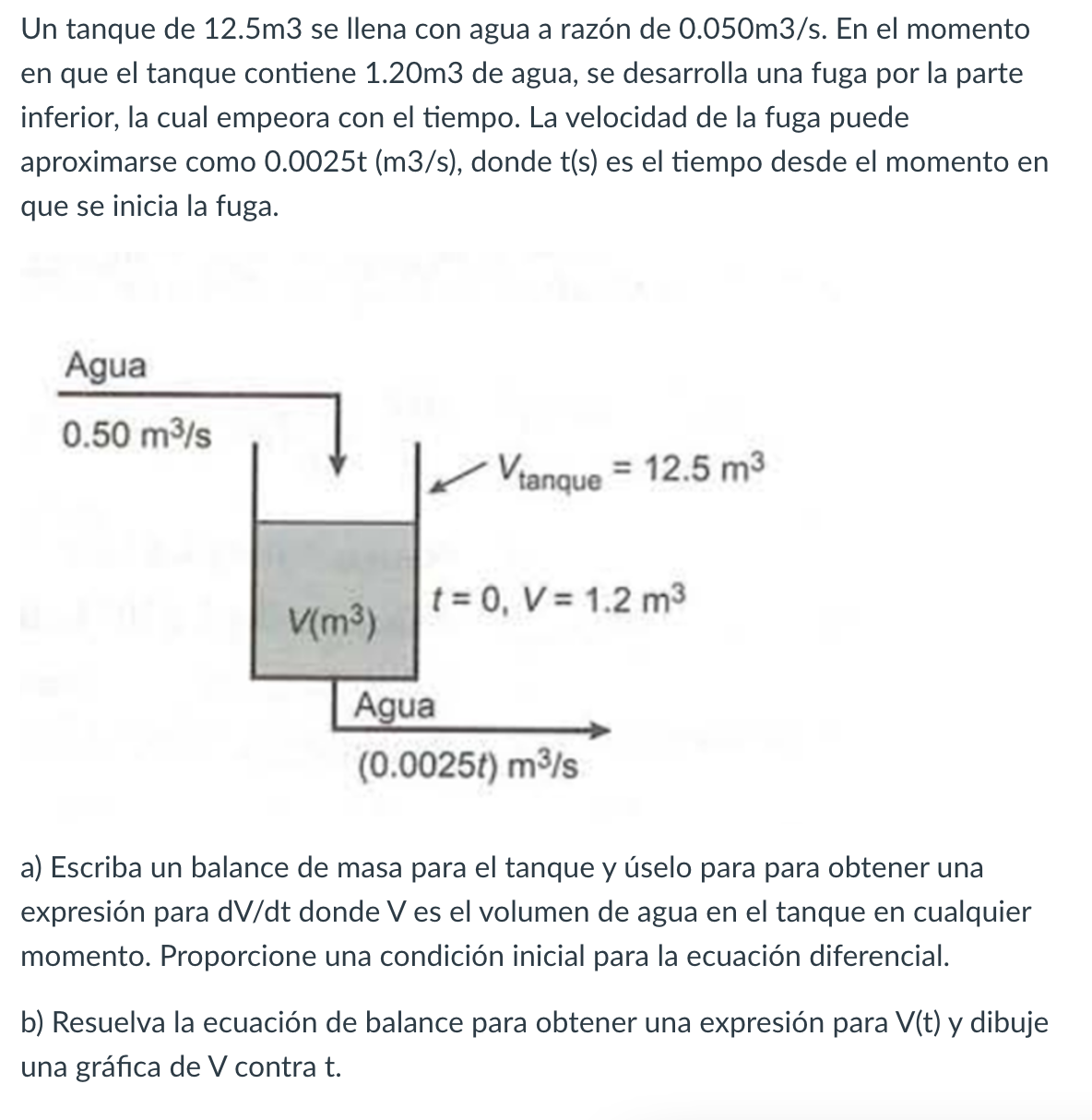 Un tanque de \( 12.5 \mathrm{~m} 3 \) se llena con agua a razón de \( 0.050 \mathrm{~m} 3 / \mathrm{s} \). En el momento en q