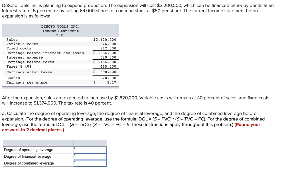 Solved DeSoto Tools Inc. is planning to expand production. | Chegg.com