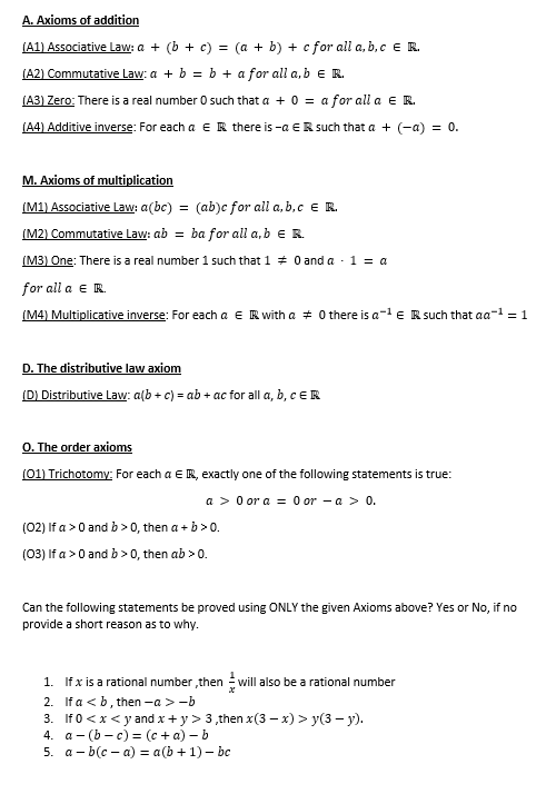 Solved A Axioms Of Addition A1 Associative Law A B Chegg Com