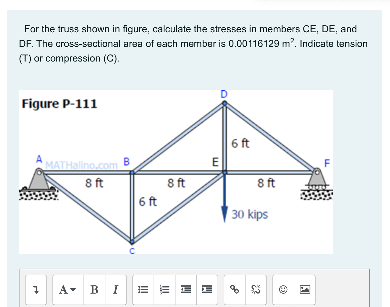 Solved For the truss shown in figure, calculate the stresses | Chegg.com