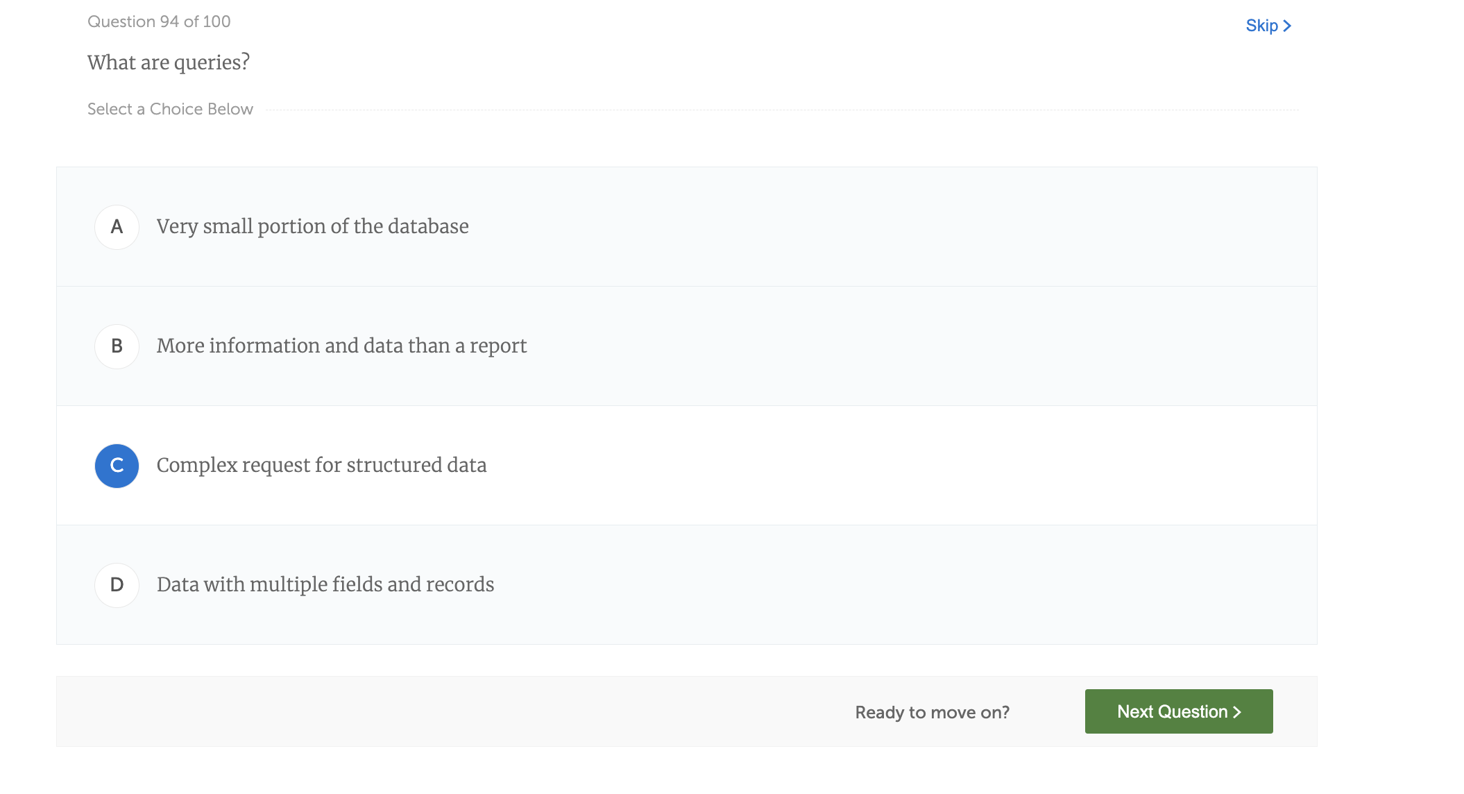 Solved Question 94 of 100 Skip > What are queries? Select a | Chegg.com