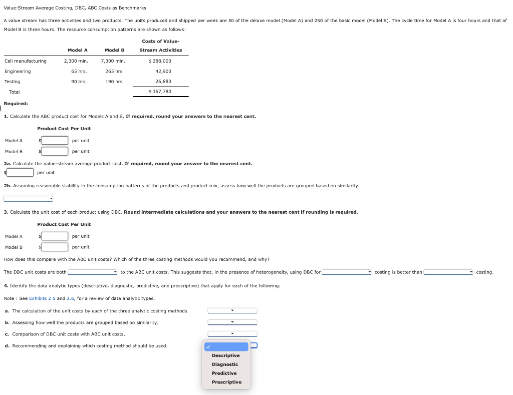 [Solved] ValueStream Average Costing, DBC, ABC Costs as