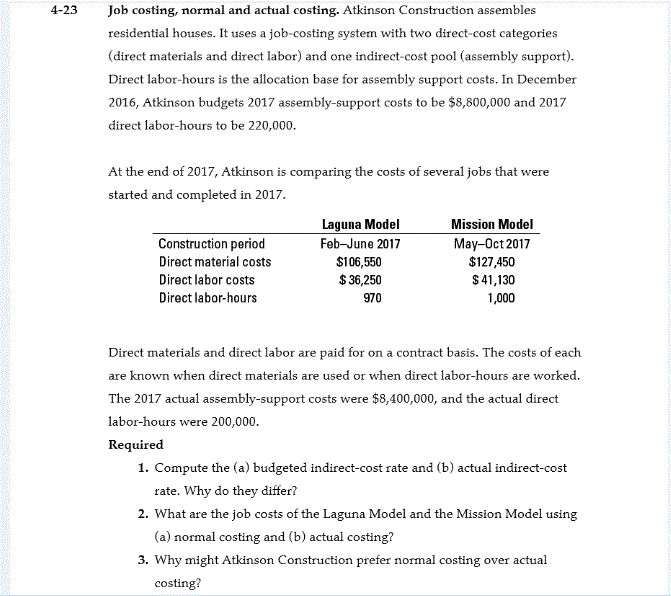 Solved 4 23Job costing normal and actual costing. Atkinson