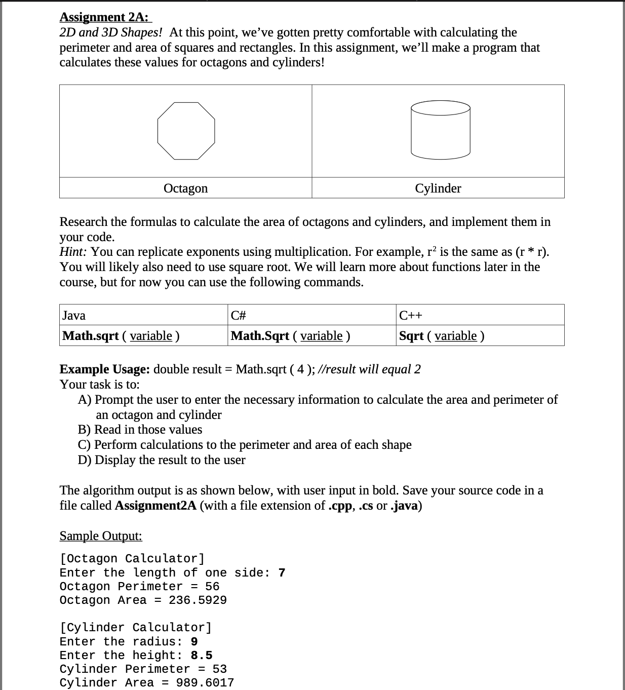 Solved Assignment 2A: 2D and 3D Shapes! At this point, we've | Chegg.com