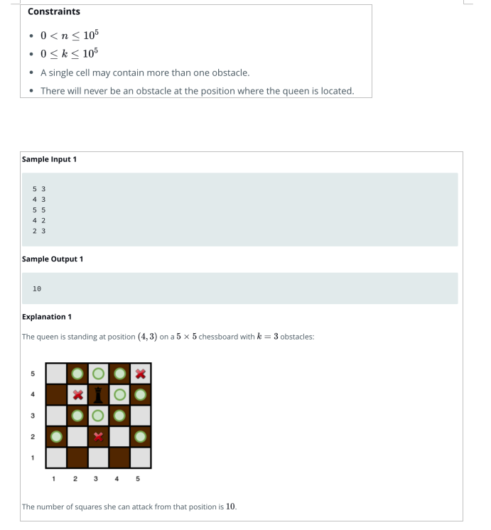 Number of cells a queen can move with obstacles on the chessboard